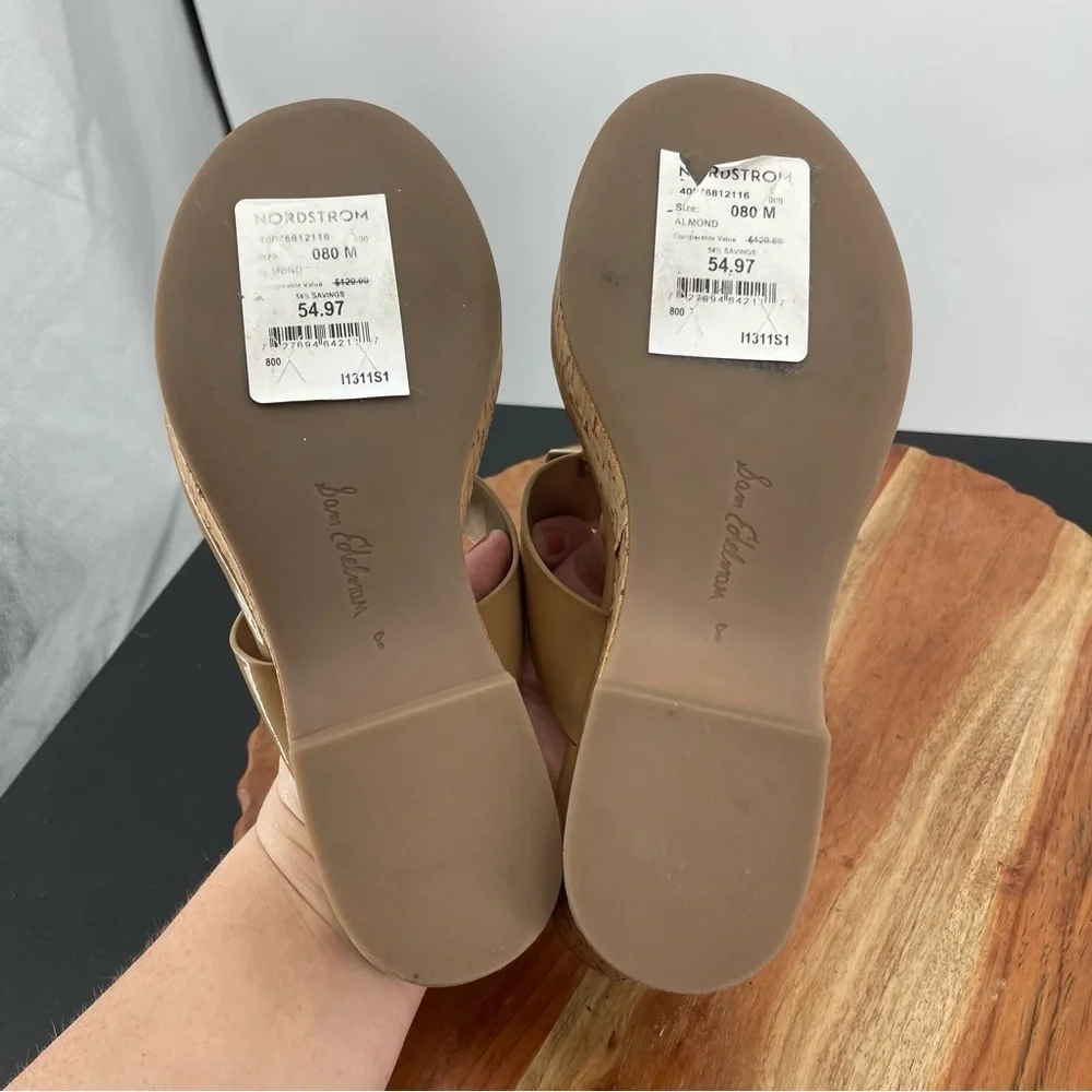 Sam Edelman Yardlie Emblem Platform Wedge Sandals beige patent leather Sz 8‎